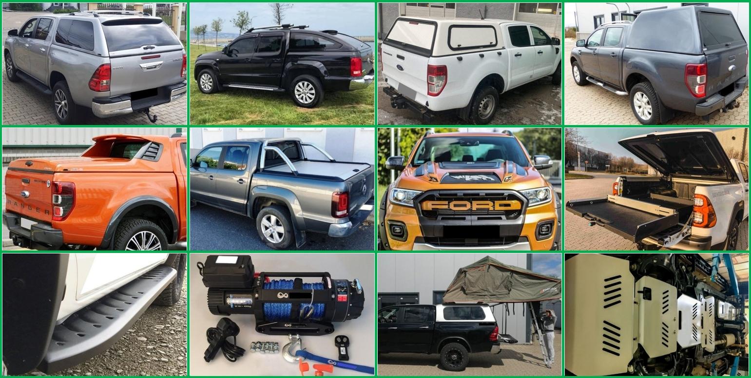 Hardtopy pick-up z kompozitního materiálu, designové fullboxy, duralové rolety, navijáky, kryty podvozku, tuningové doplňky, ochranné rámy a boční nášlapy, výsuvná celokovová plata, praktické doplňky pro práci offroad myslivost camping, střešní nosiče, obytné nástavby pick-up